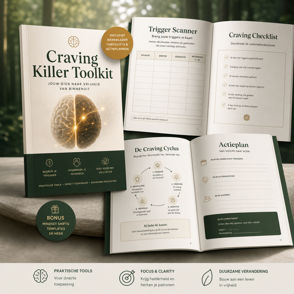 Craving Killer Toolkit mockup met werkbladen, Trigger Scanner en actieplannen