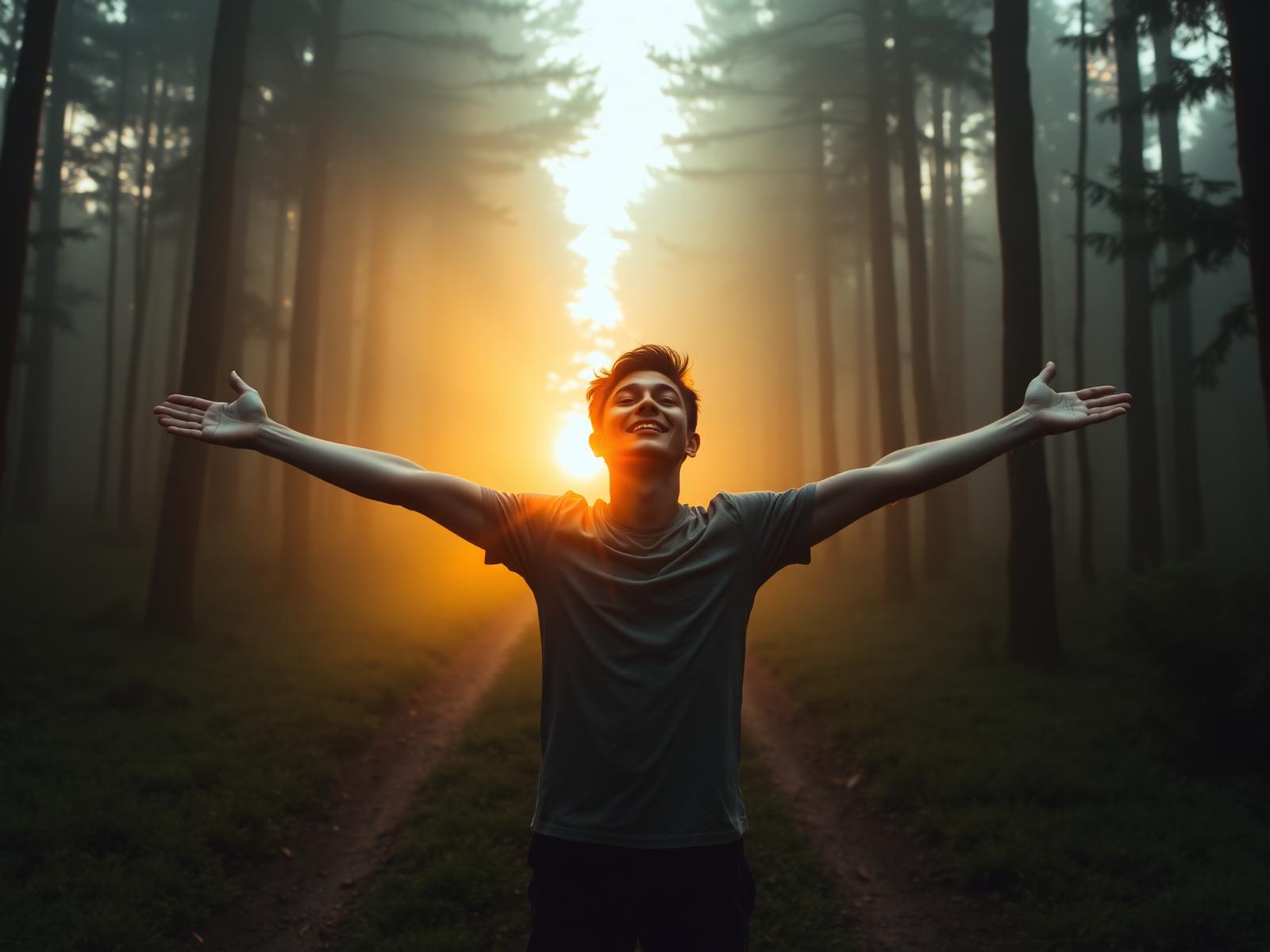 Man ademt vrij op boslaan bij zonsopgang